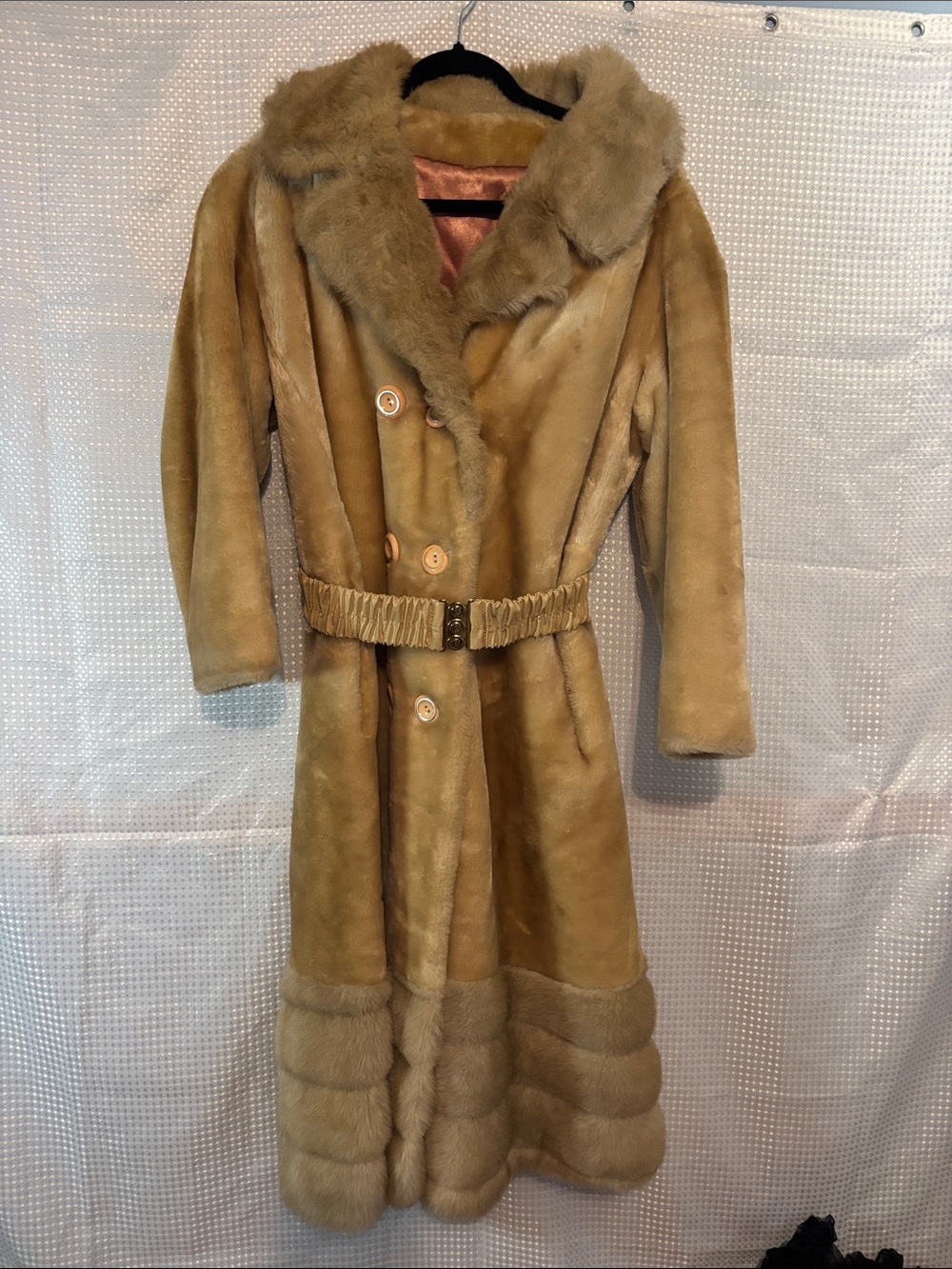 Plush Tan Faux Fur-Trim Long Trench Coat with Belt 1970’s made in Toronto Canada